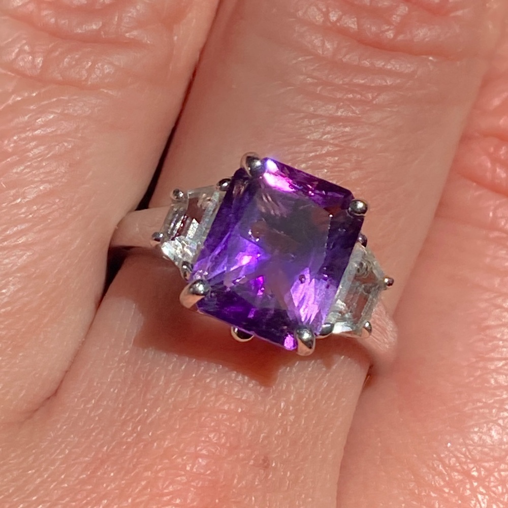 Sterling Silver Three Stone Ring Amethyst and White Topaz- Cocktail Ring- Size 6